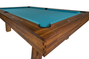 Legacy Billiards Emory 8 Ft Outdoor Pool Table in Natural Acacia Finish with Pool Aqua Cloth Corner Closeup