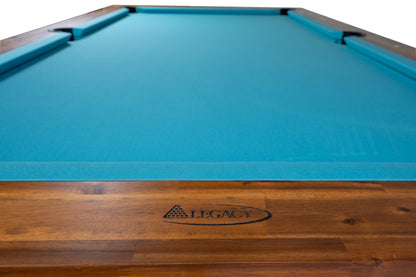 Legacy Billiards Emory 8 Ft Outdoor Pool Table in Natural Acacia Finish with Pool Aqua Cloth End View Closeup