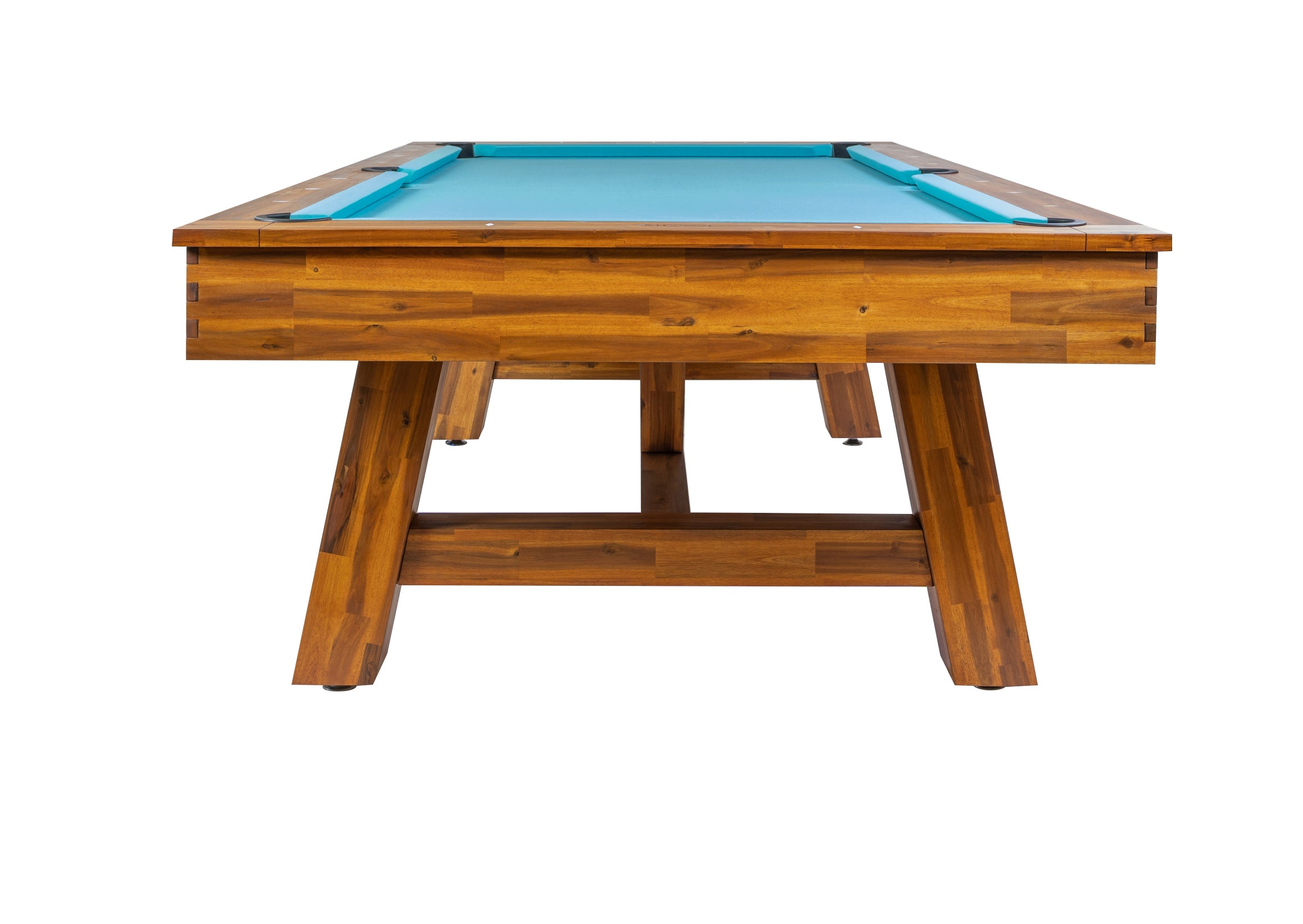Legacy Billiards Emory 8 Ft Outdoor Pool Table in Natural Acacia Finish with Pool Aqua Cloth End View