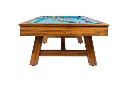 Legacy Billiards Emory 8 Ft Outdoor Pool Table in Natural Acacia Finish with Pool Aqua Cloth End View with Pool Balls and Cue