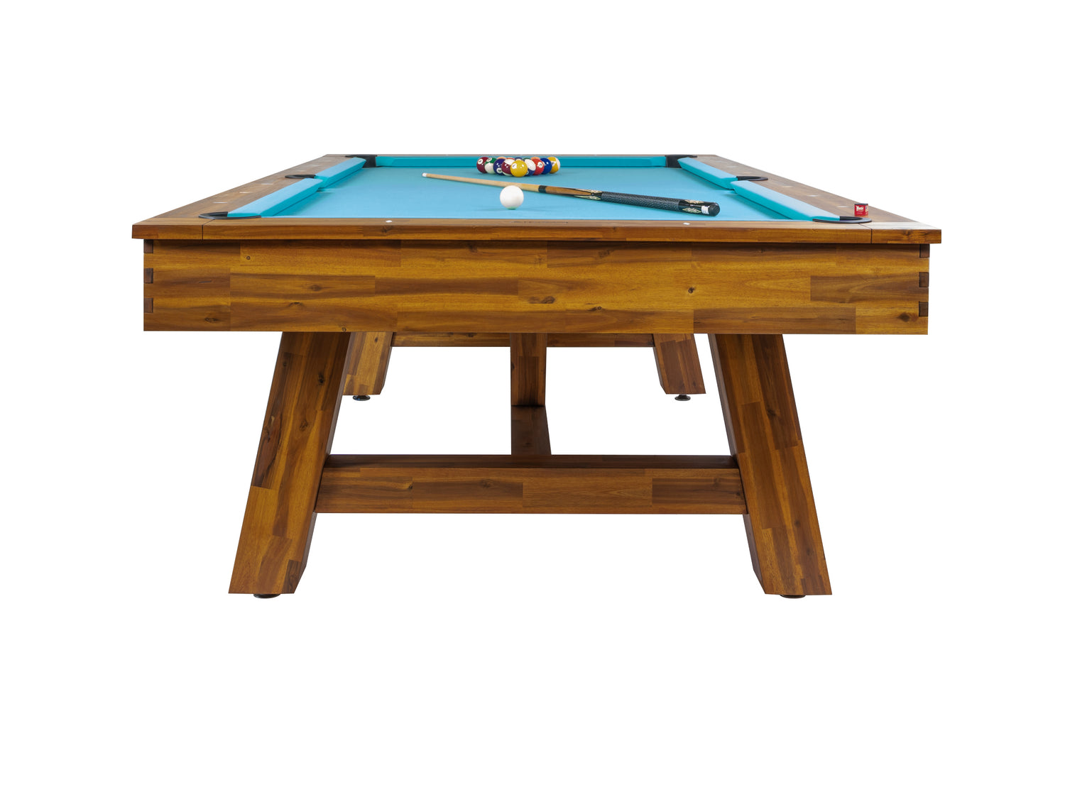 Legacy Billiards Emory 8 Ft Outdoor Pool Table in Natural Acacia Finish with Pool Aqua Cloth End View with Racked Pool Balls and Cue