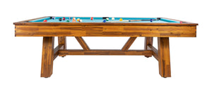 Legacy Billiards Emory 8 Ft Outdoor Pool Table in Natural Acacia Finish with Pool Aqua Cloth Side View with Pool Balls and Cue