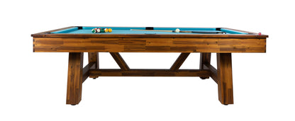 Legacy Billiards Emory 8 Ft Outdoor Pool Table in Natural Acacia Finish with Pool Aqua Cloth Side View with Racked Pool Balls and Cue
