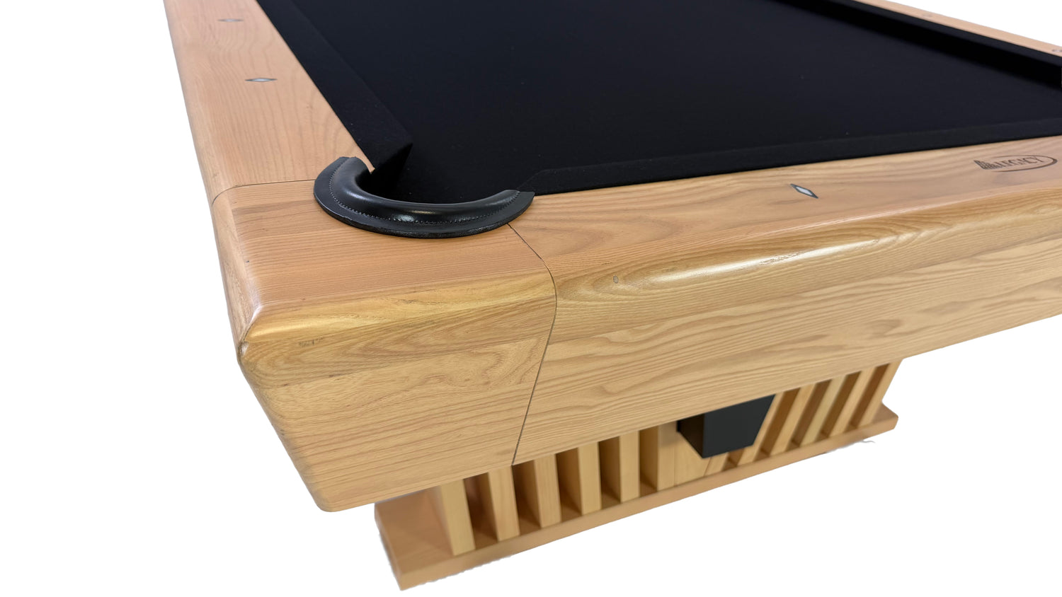 Legacy Billiards Forge Pool Table in Honey Ash Finish with Black Cloth - Corner Closeup