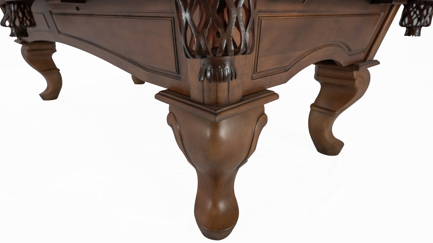 Legacy Billiards Mallory Pool Table in Walnut Finish with Black Cloth - Corner Closeup