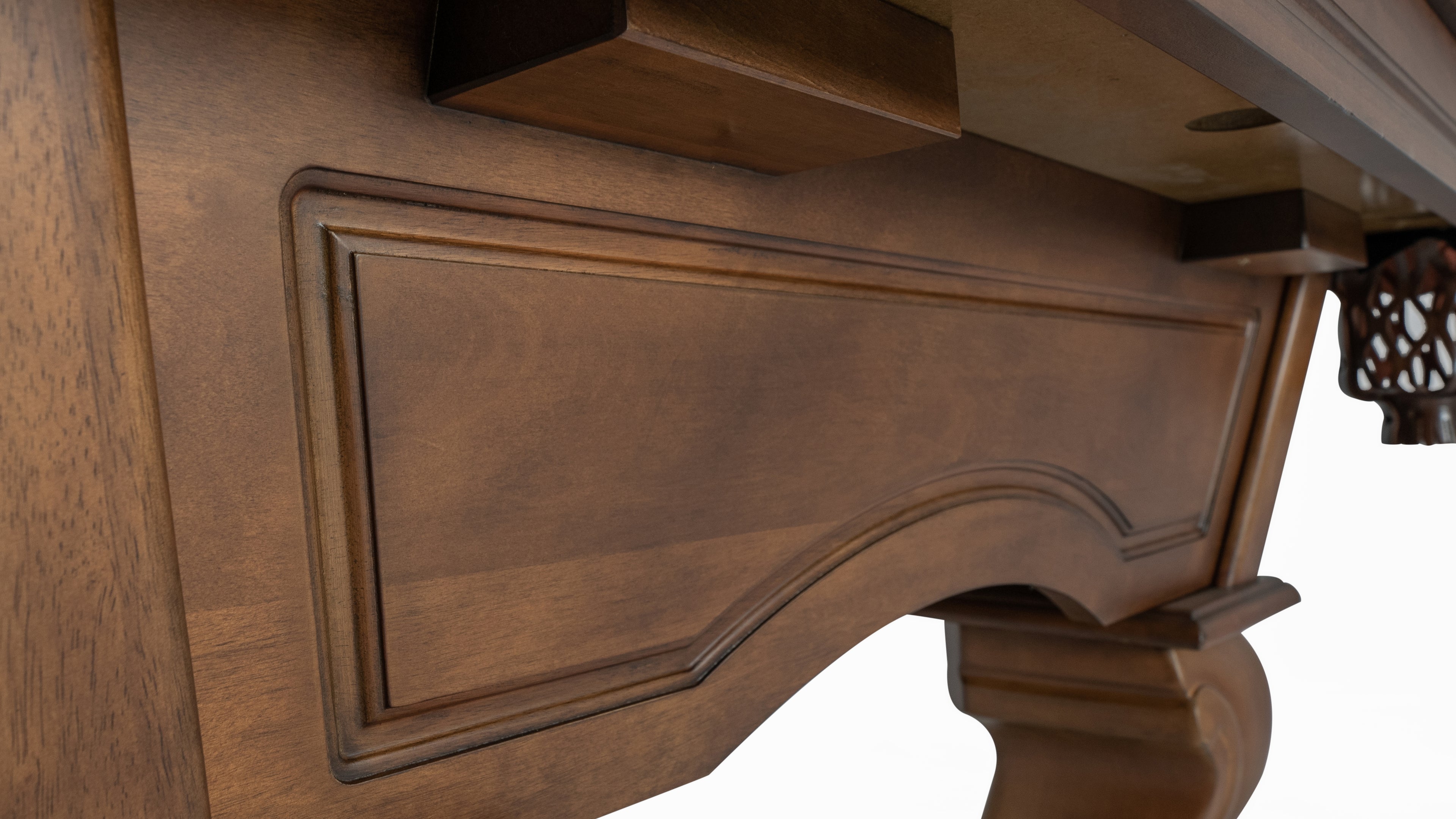 Legacy Billiards Mallory Pool Table in Walnut Finish with Black Cloth - End Panel Closeup