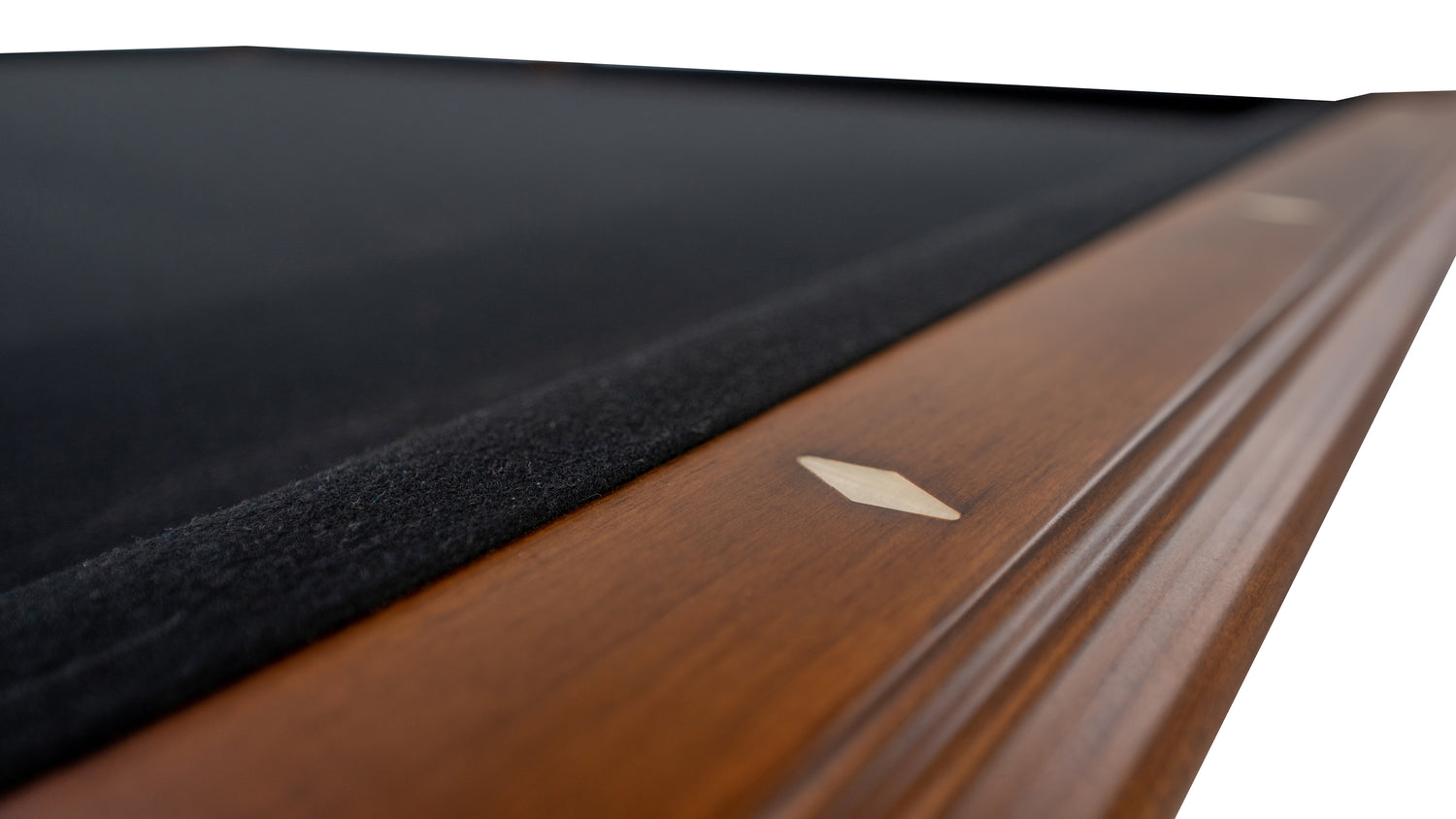 Legacy Billiards Mallory Pool Table in Walnut Finish with Black Cloth - Rail Closeup