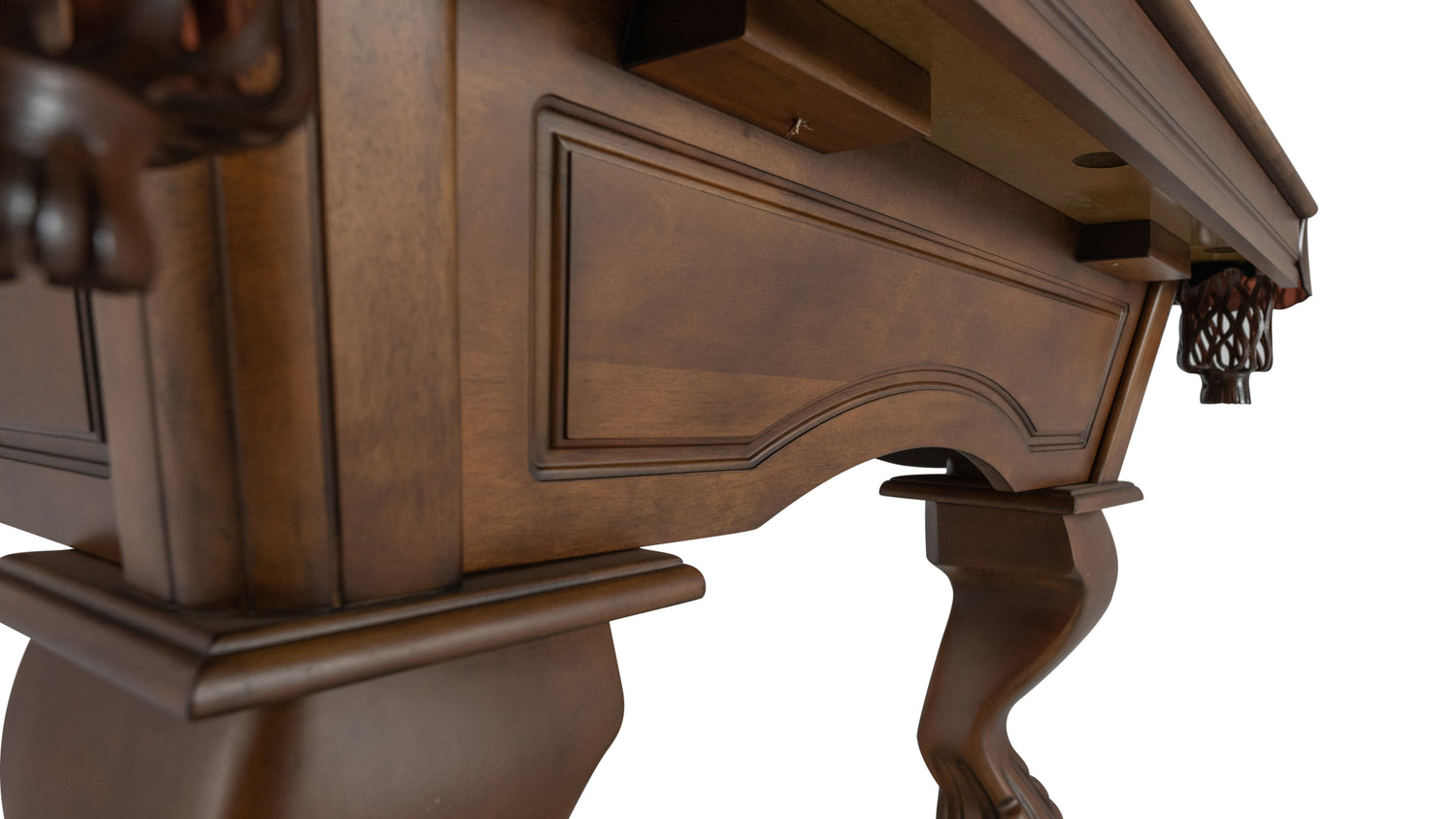 Legacy Billiards Megan Pool Table in Walnut Finish with Black Cloth - End Panel Closeup