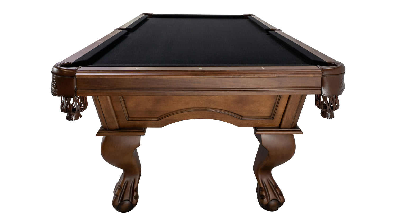 Legacy Billiards Megan Pool Table in Walnut Finish with Black Cloth - End View