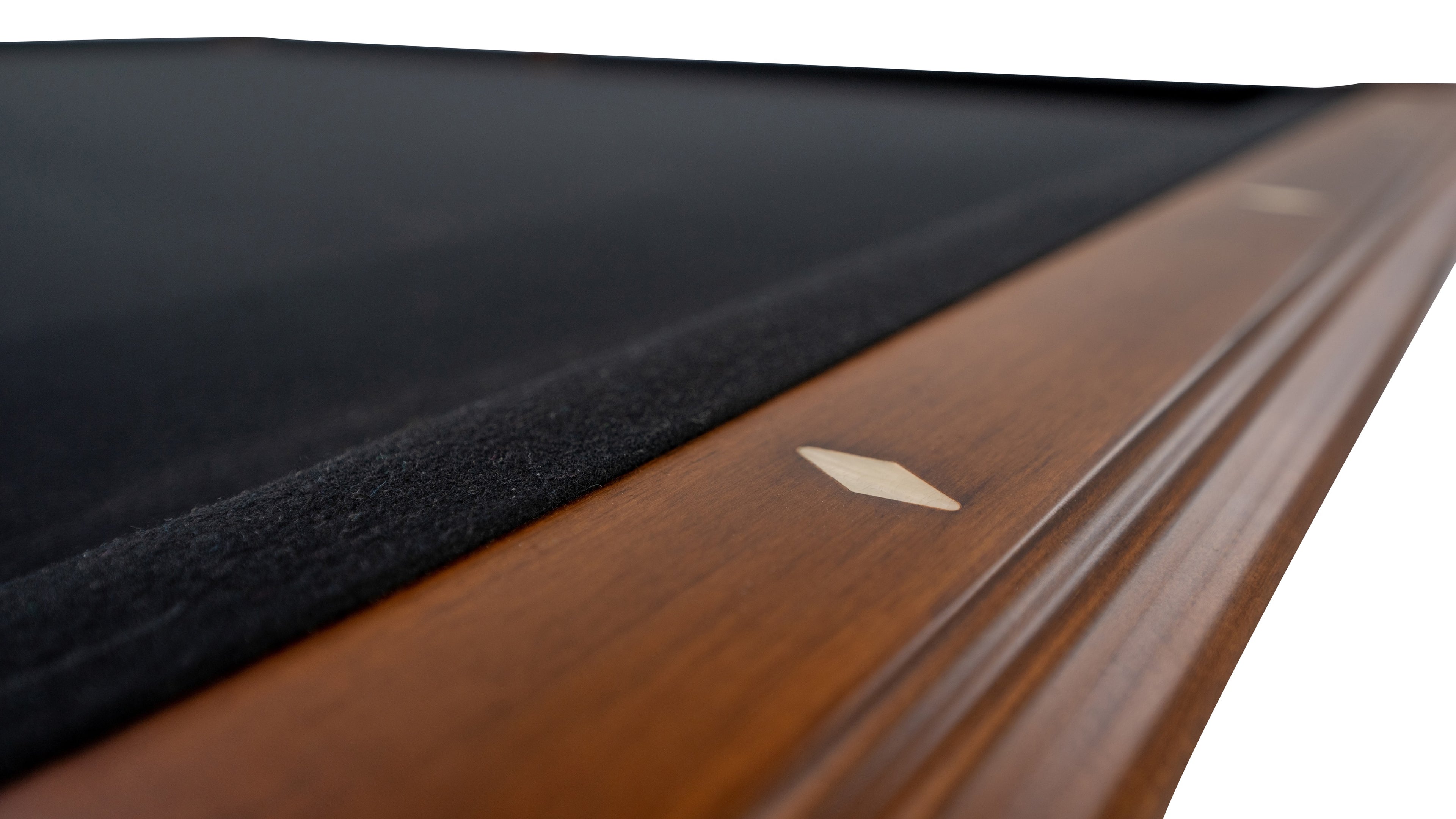 Legacy Billiards Megan Pool Table in Walnut Finish with Black Cloth - Rail Closeup