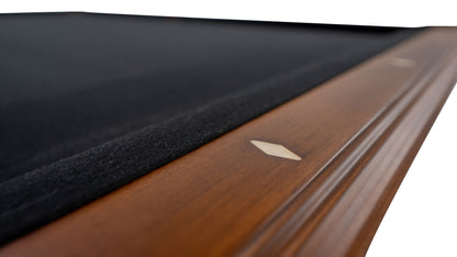 Legacy Billiards Megan Pool Table in Walnut Finish with Black Cloth - Rail Closeup