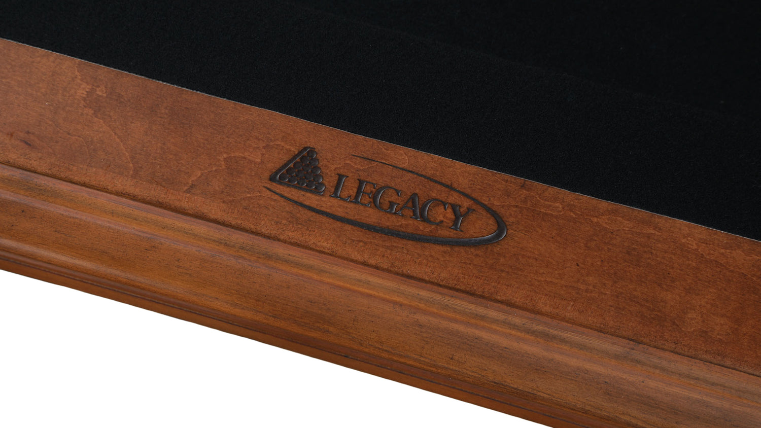 Legacy Billiards Megan Pool Table in Walnut Finish with Black Cloth - Rail Logo Closeup