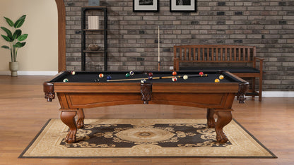 Legacy Billiards Megan Pool Table in Walnut Finish with Black Cloth - Room Shot with Classic Backed Bench in the Background