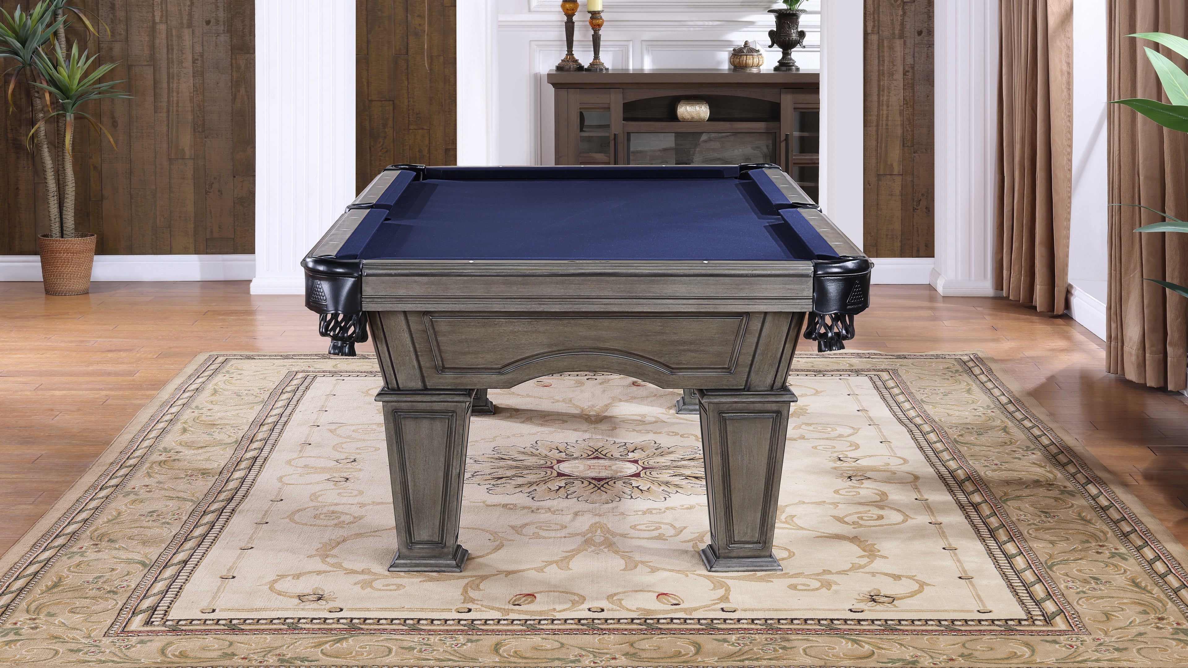 Legacy Billiards 7 Ft Mesa Pool Table in Ash Grey Indoor Finish with Blue Cloth - Room Scene End View