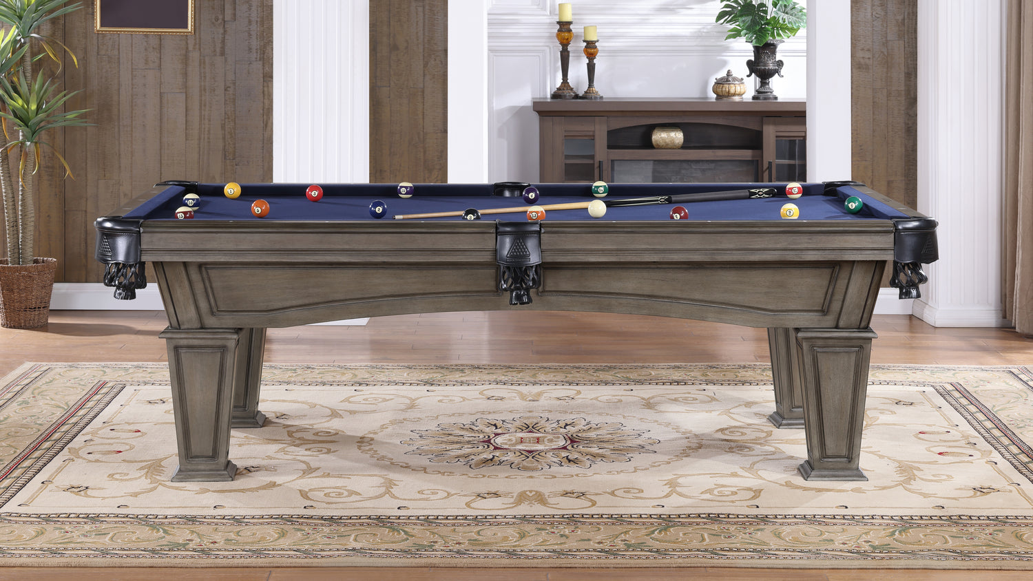 Legacy Billiards 7 Ft Mesa Pool Table in Ash Grey Indoor Finish with Blue Cloth - Room Scene Side View