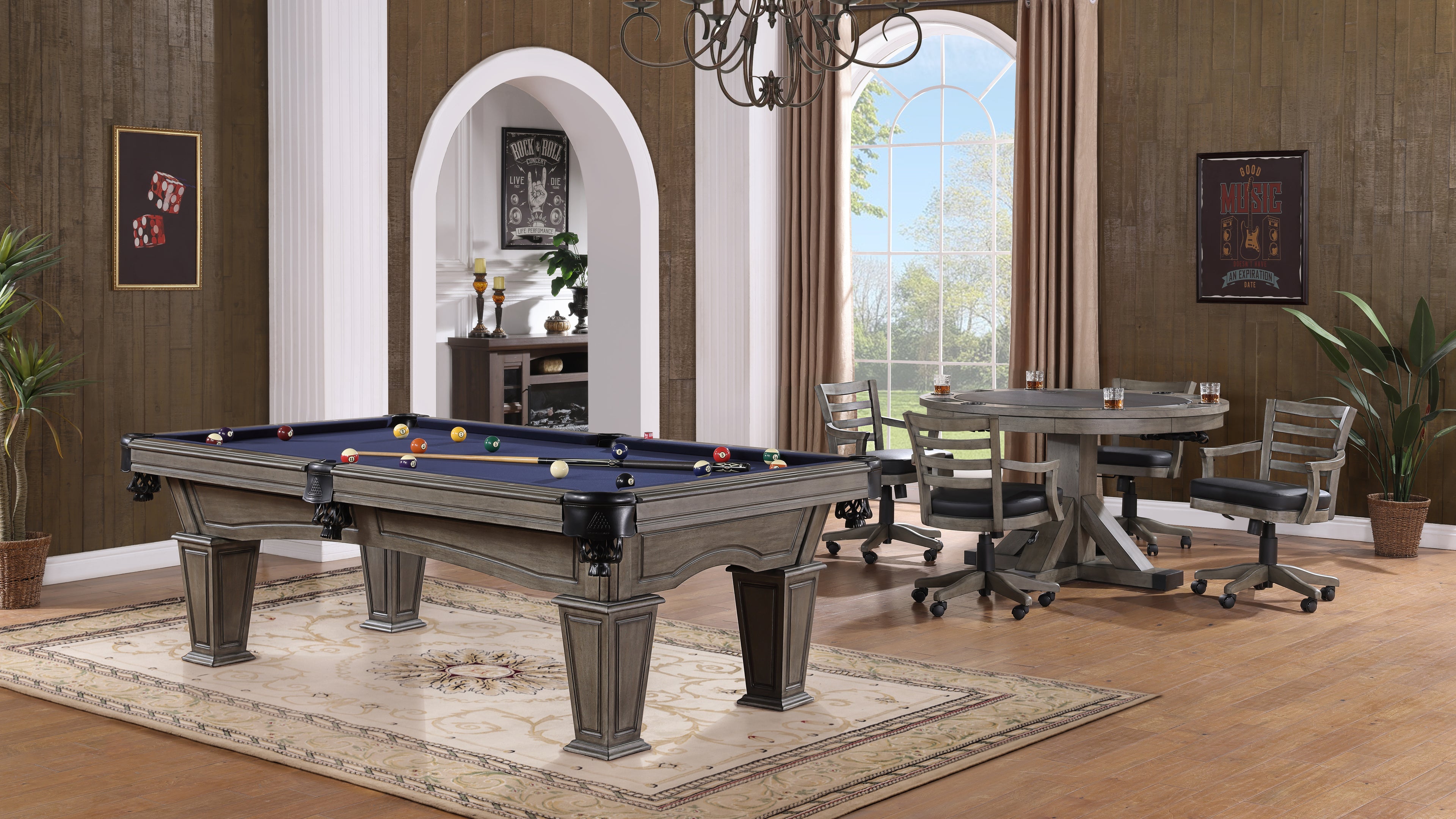 Legacy Billiards 7 Ft Mesa Pool Table and Sterling 3 in 1 Game Table with Sterling Gas Lift Chairs all in Ash Grey Indoor Finish
