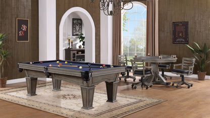 Legacy Billiards 7 Ft Mesa Pool Table and Sterling 3 in 1 Game Table with Sterling Gas Lift Chairs all in Ash Grey Indoor Finish