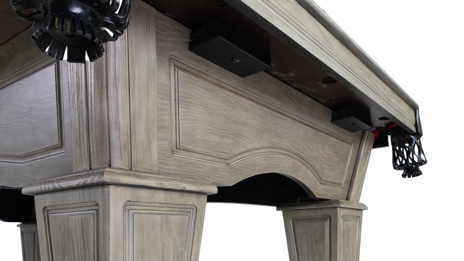 Legacy Billiards Mesa Pool Table in Ash Grey Indoor Finish with Legacy Red Cloth - Below Rail Closeup