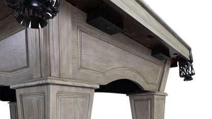 Legacy Billiards Mesa Pool Table in Ash Grey Indoor Finish with Legacy Red Cloth - Below Rail Closeup