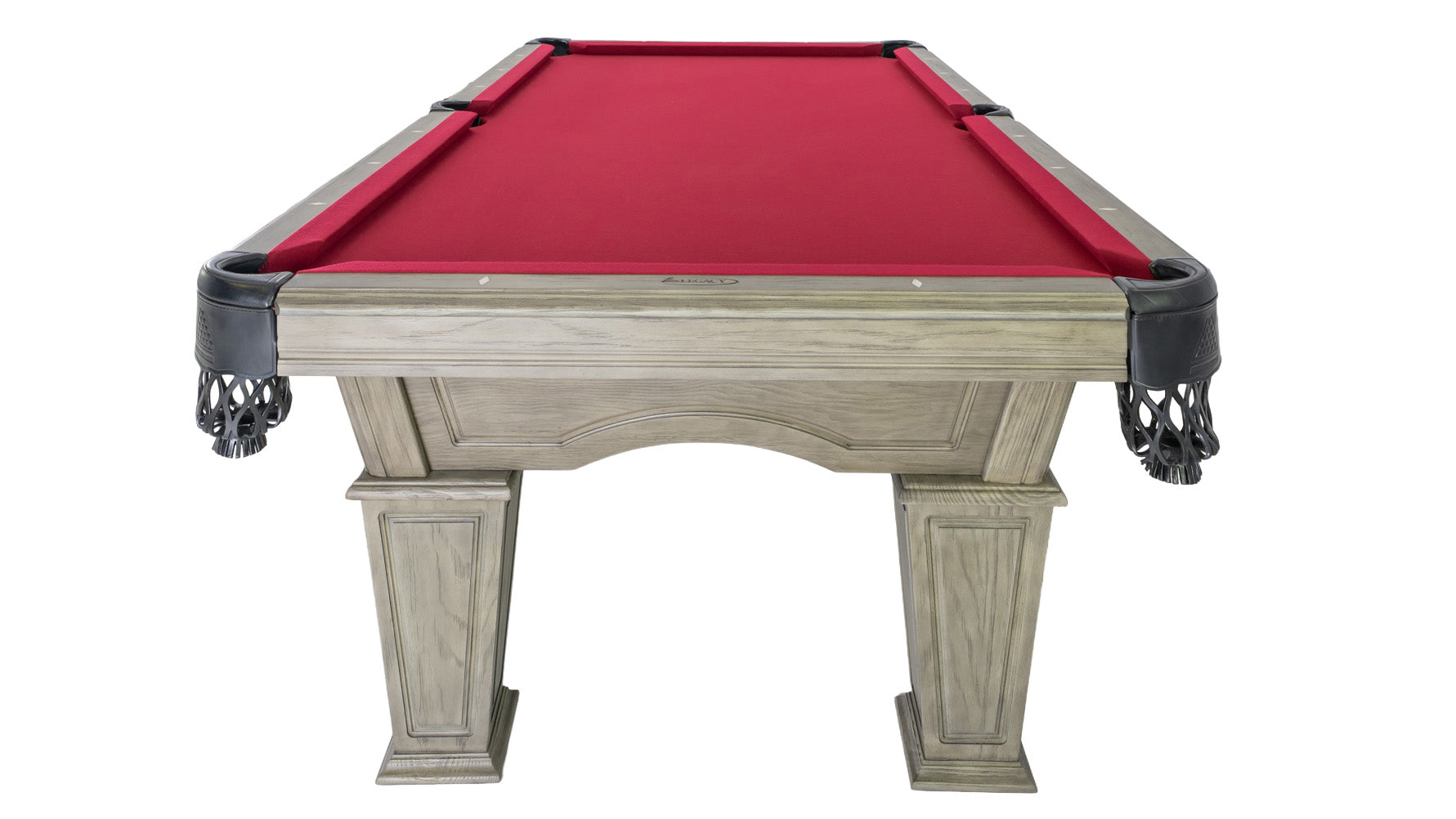 Legacy Billiards Mesa Pool Table in Ash Grey Indoor Finish with Legacy Red Cloth - End View