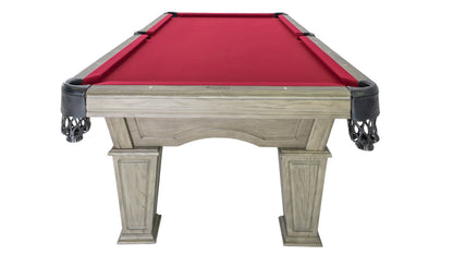 Legacy Billiards Mesa Pool Table in Ash Grey Indoor Finish with Legacy Red Cloth - End View