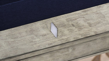 Legacy Billiards 7 Ft Mesa Pool Table in Ash Grey Indoor Finish with Blue Cloth - Room Scene Rail with Site Closeup