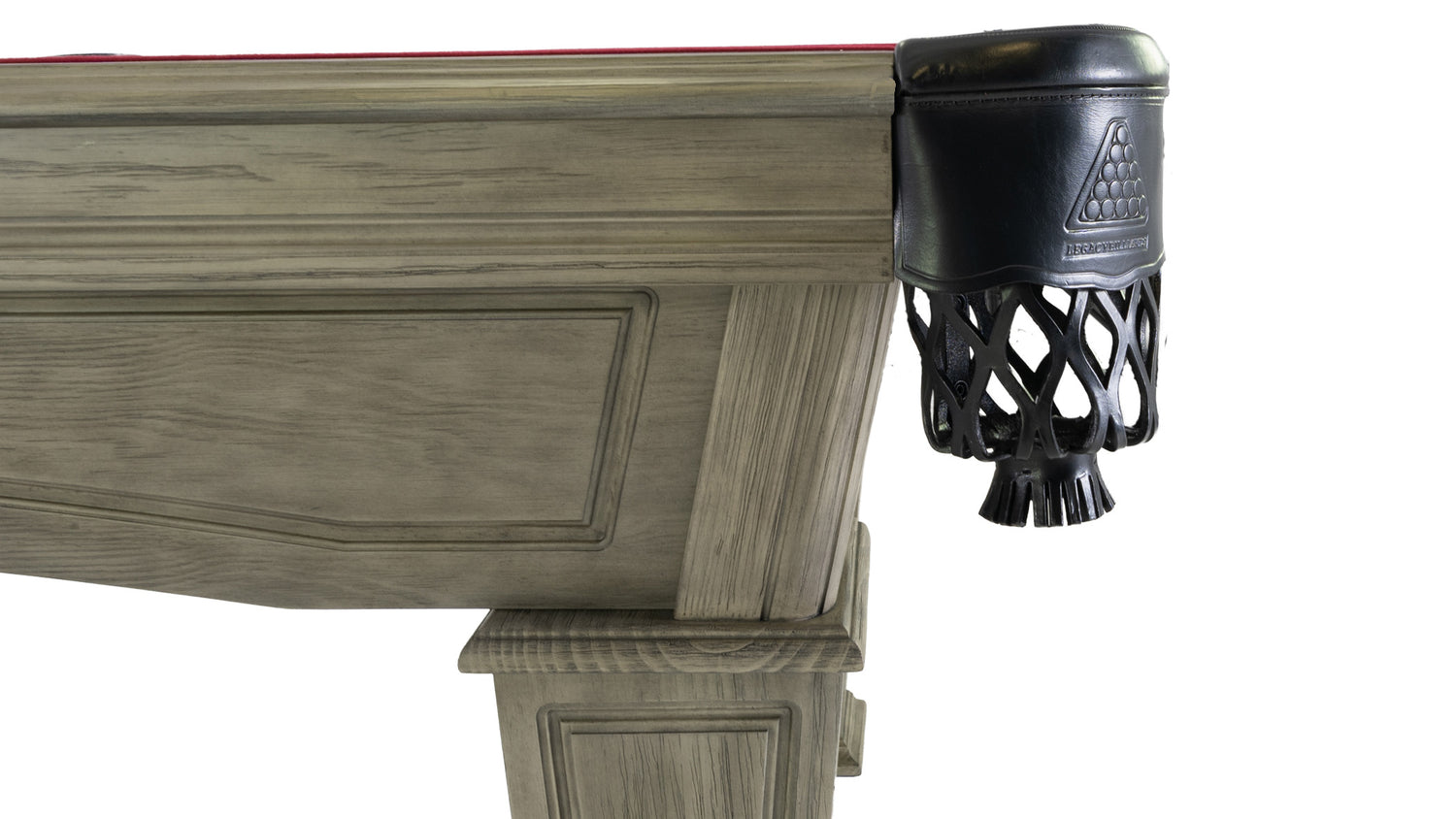 Legacy Billiards Mesa Pool Table in Ash Grey Indoor Finish with Legacy Red Cloth - Corner View