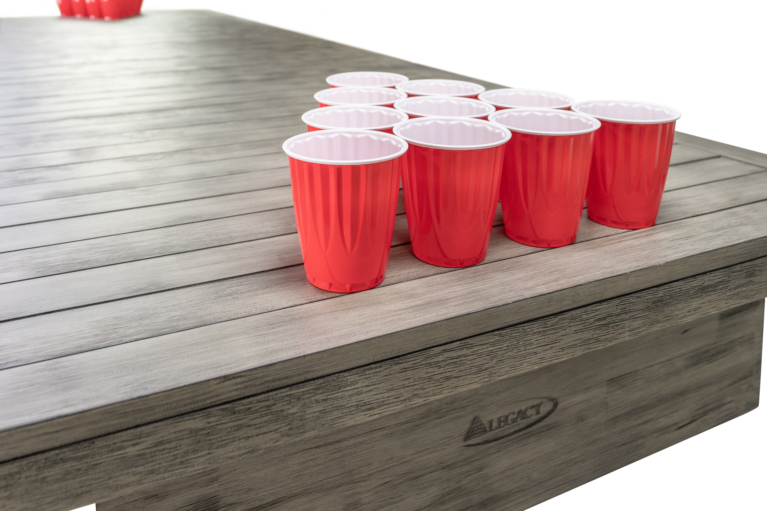 Legacy Billiards 9 Foot Shuffleboard Outdoor Dining Top in Ash Grey Finish Closeup with Beer Pong