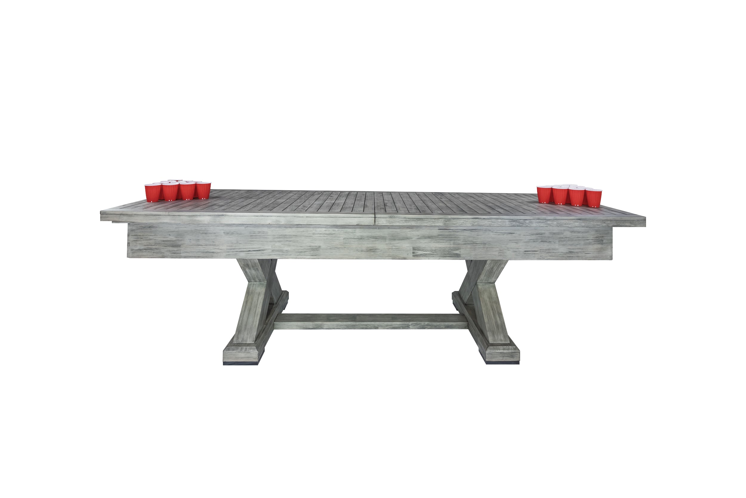 Legacy Billiards 9 Foot Shuffleboard Outdoor Dining Top in Ash Grey Finish - Side View with Beer Pong