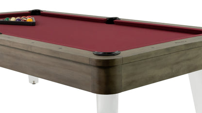 Legacy Billiards Percy Pool Table in Overcast Finish with Wine Cloth - Corner Closeup