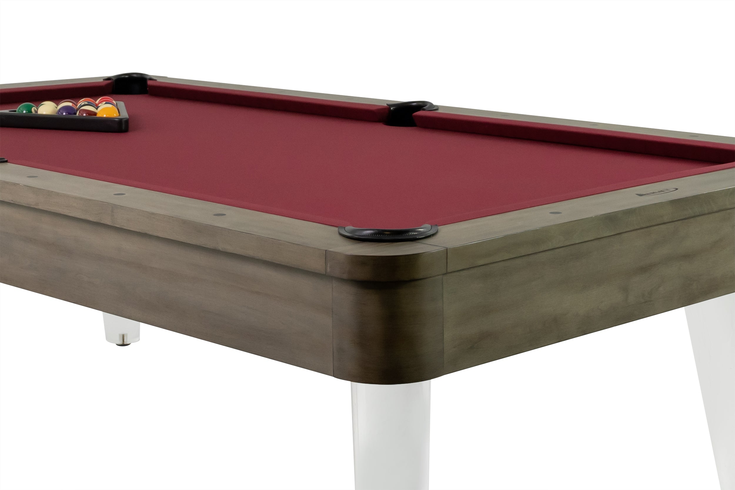 Legacy Billiards Percy Pool Table in Overcast Finish with Wine Cloth - Corner Closeup