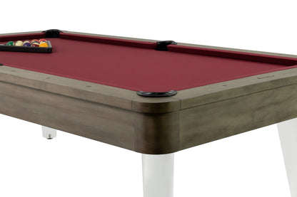 Legacy Billiards Percy Pool Table in Overcast Finish with Wine Cloth - Corner Closeup