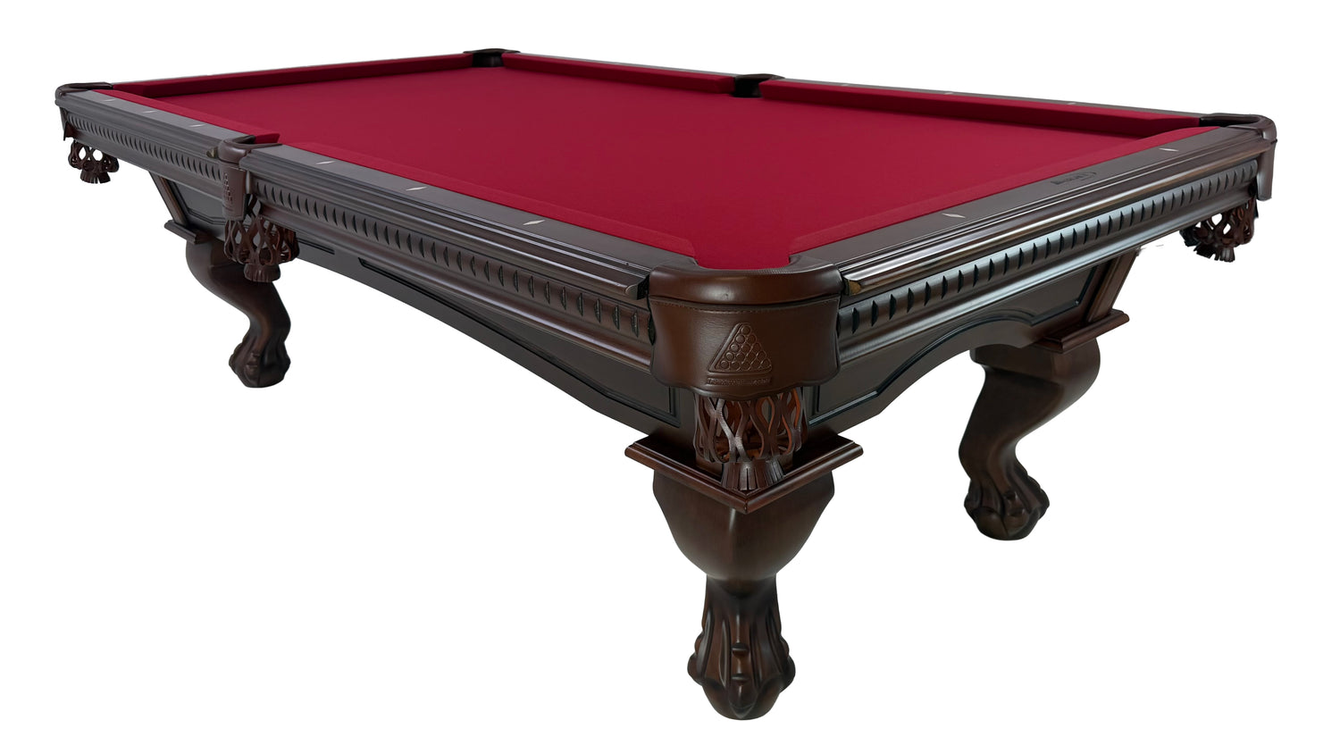 Legacy Billiards Samantha Pool Table in Nutmeg finish with burgundy cloth - Angle View