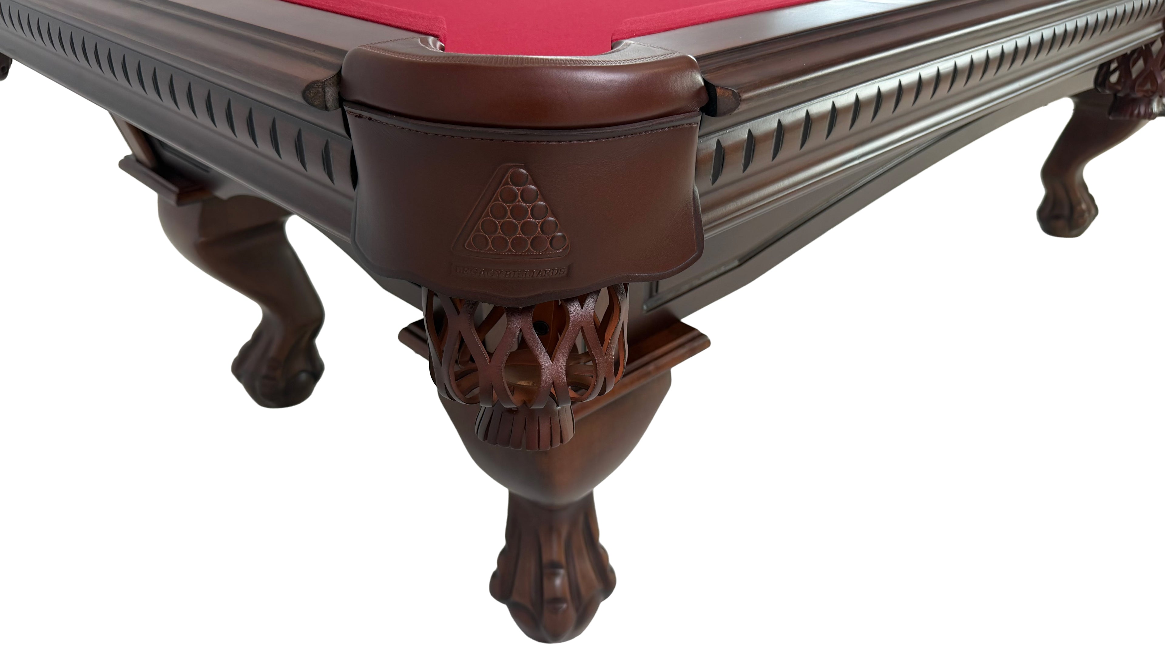 Legacy Billiards Samantha Pool Table in Nutmeg finish with burgundy cloth - Corner Closeup