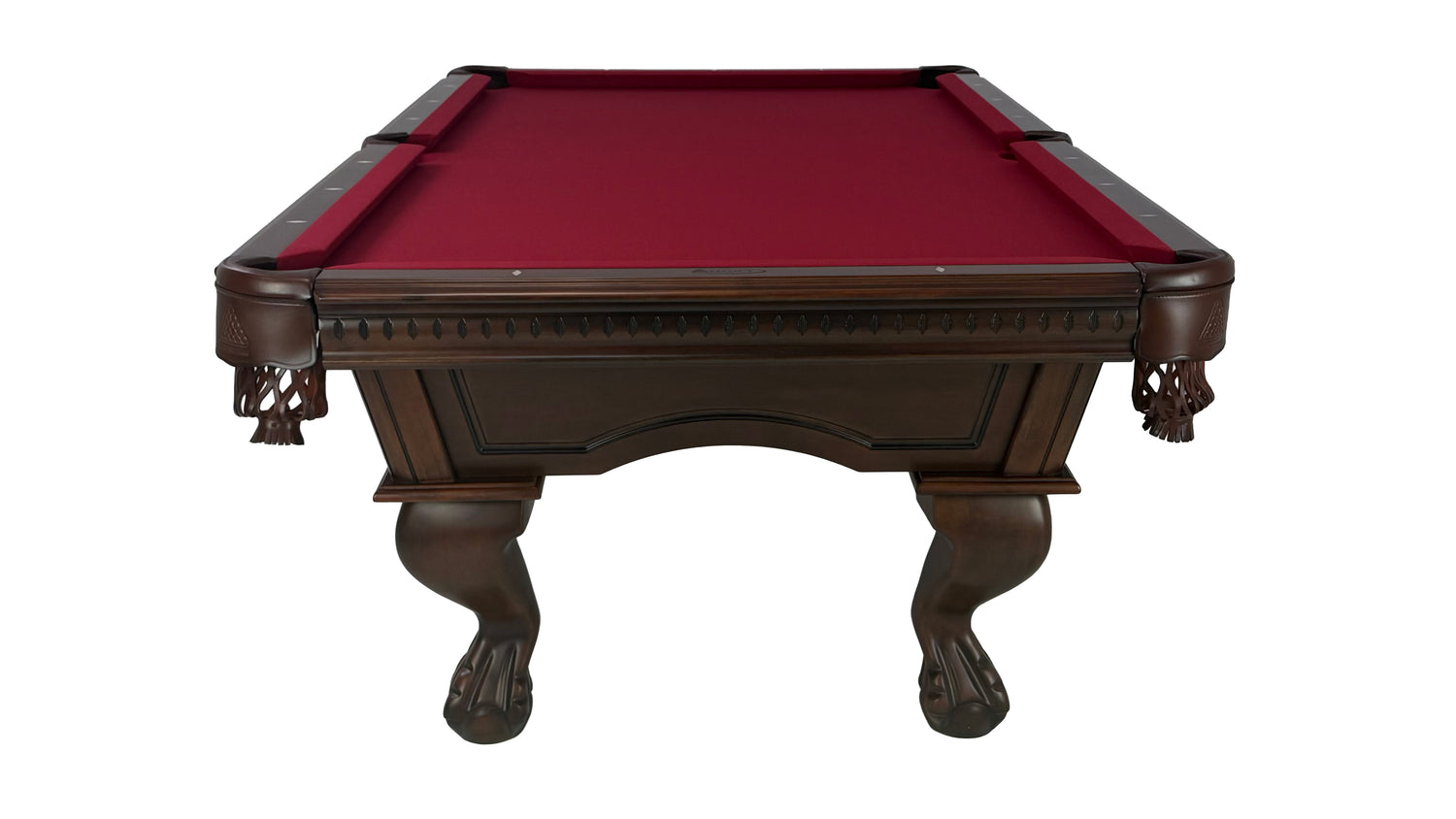 Legacy Billiards Samantha Pool Table in Nutmeg finish with burgundy cloth - End View