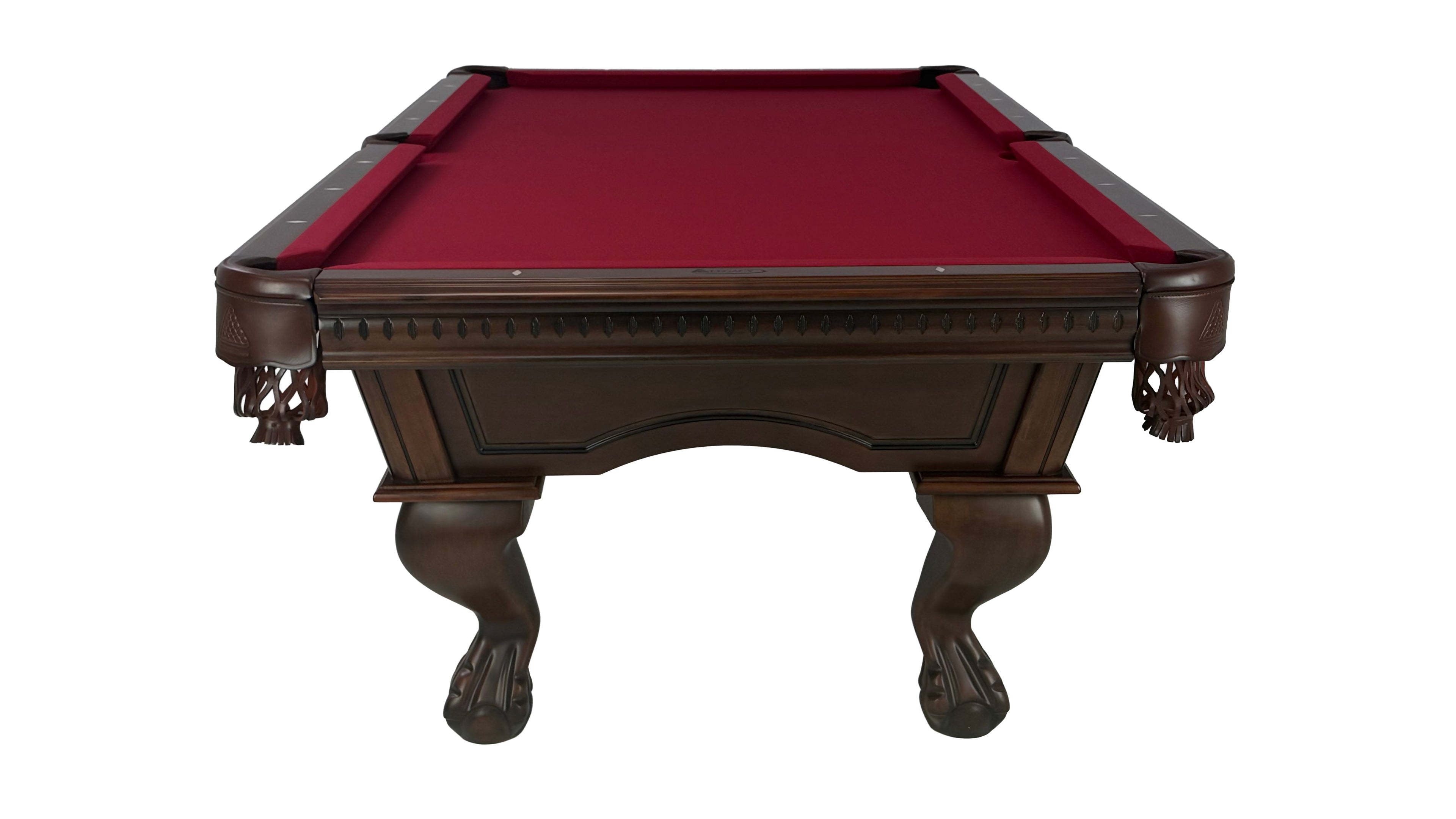 Legacy Billiards Samantha Pool Table in Nutmeg finish with burgundy cloth - End View