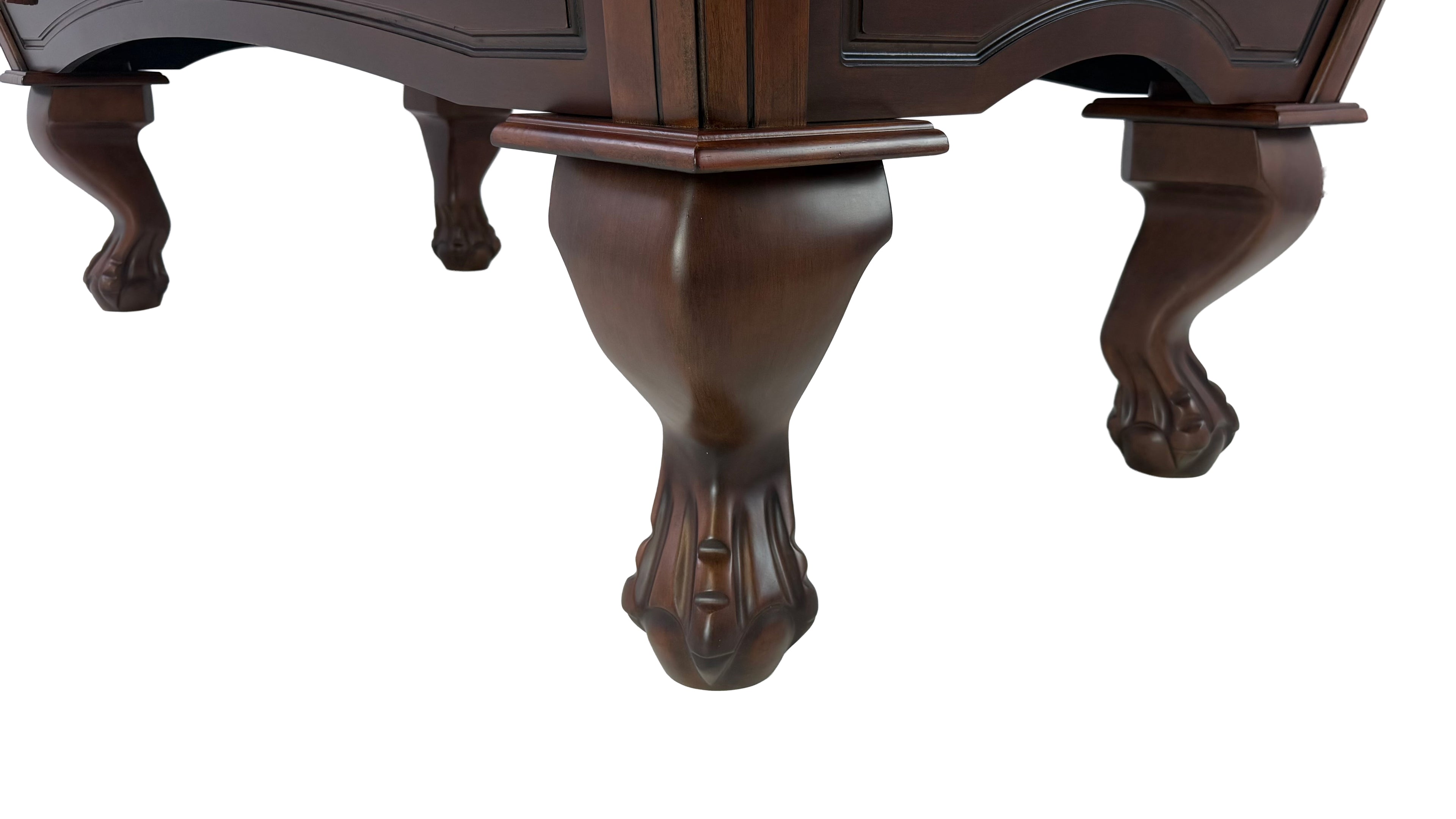 Legacy Billiards Samantha Pool Table in Nutmeg finish with burgundy cloth - Leg Closeup