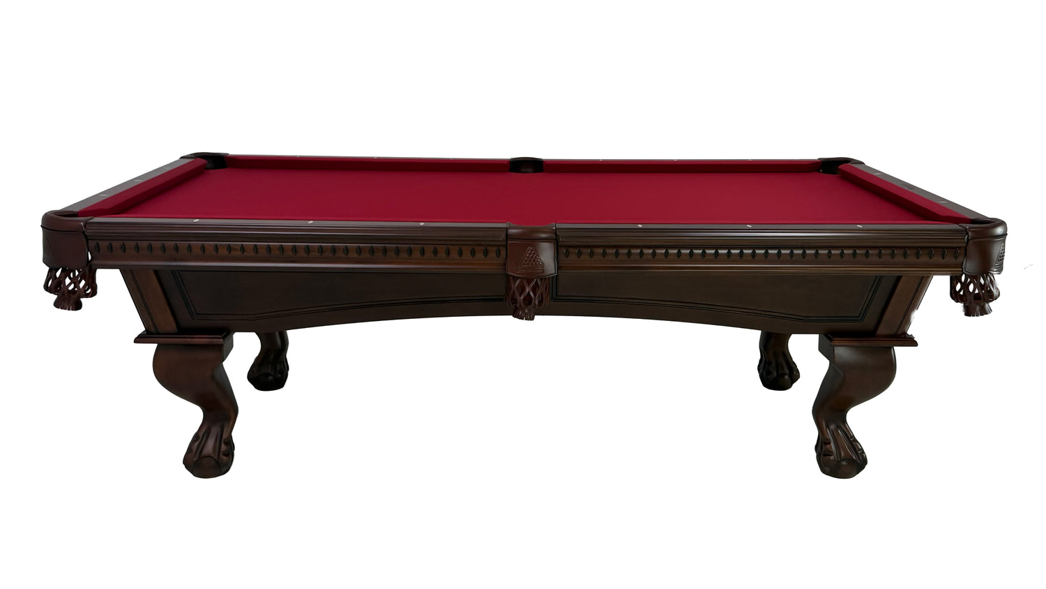 Legacy Billiards Samantha Pool Table in Nutmeg finish with burgundy cloth - Side View