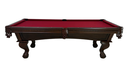 Legacy Billiards Samantha Pool Table in Nutmeg finish with burgundy cloth - Side View