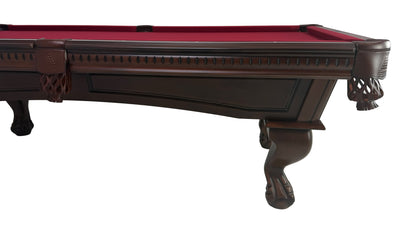 Legacy Billiards Samantha Pool Table in Nutmeg finish with burgundy cloth - Side View Closeup