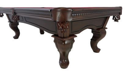Legacy Billiards Sophie Pool Table in Nutmeg Finish with Burgundy Cloth - Corner Closeup