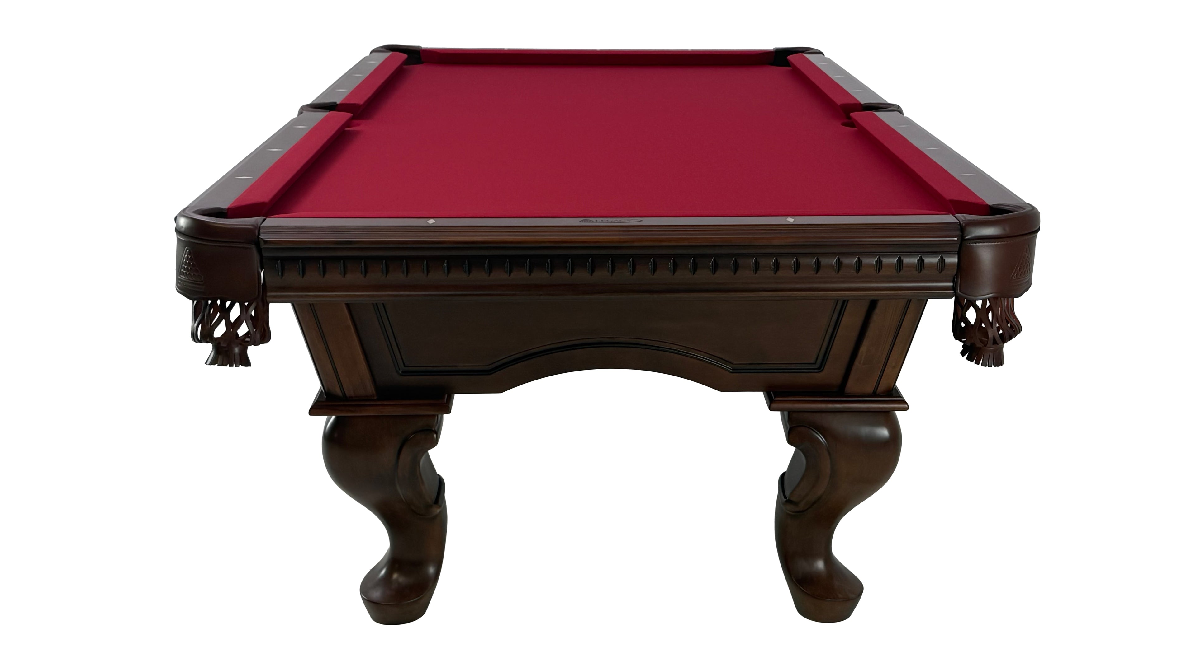 Legacy Billiards Sophie Pool Table in Nutmeg Finish with Burgundy Cloth - End View