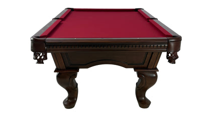 Legacy Billiards Sophie Pool Table in Nutmeg Finish with Burgundy Cloth - End View