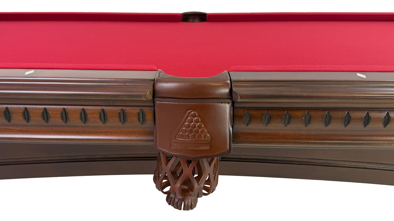 Legacy Billiards Sophie Pool Table in Nutmeg Finish with Burgundy Cloth - Side Pocket and Apron Closeup