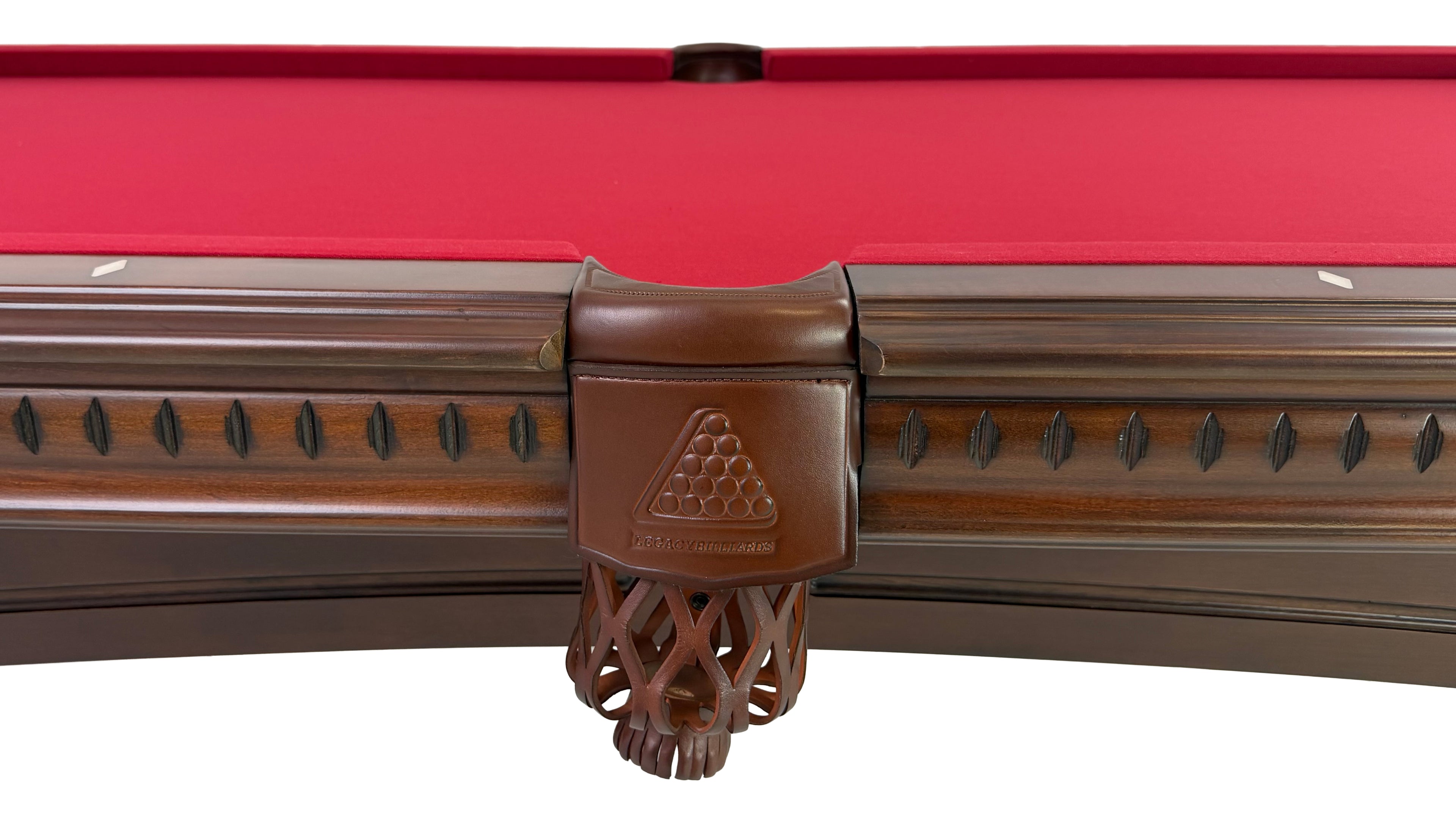 Legacy Billiards Sophie Pool Table in Nutmeg Finish with Burgundy Cloth - Side Pocket and Apron Closeup