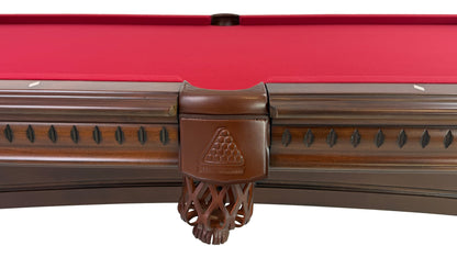 Legacy Billiards Sophie Pool Table in Nutmeg Finish with Burgundy Cloth - Side Pocket and Apron Closeup