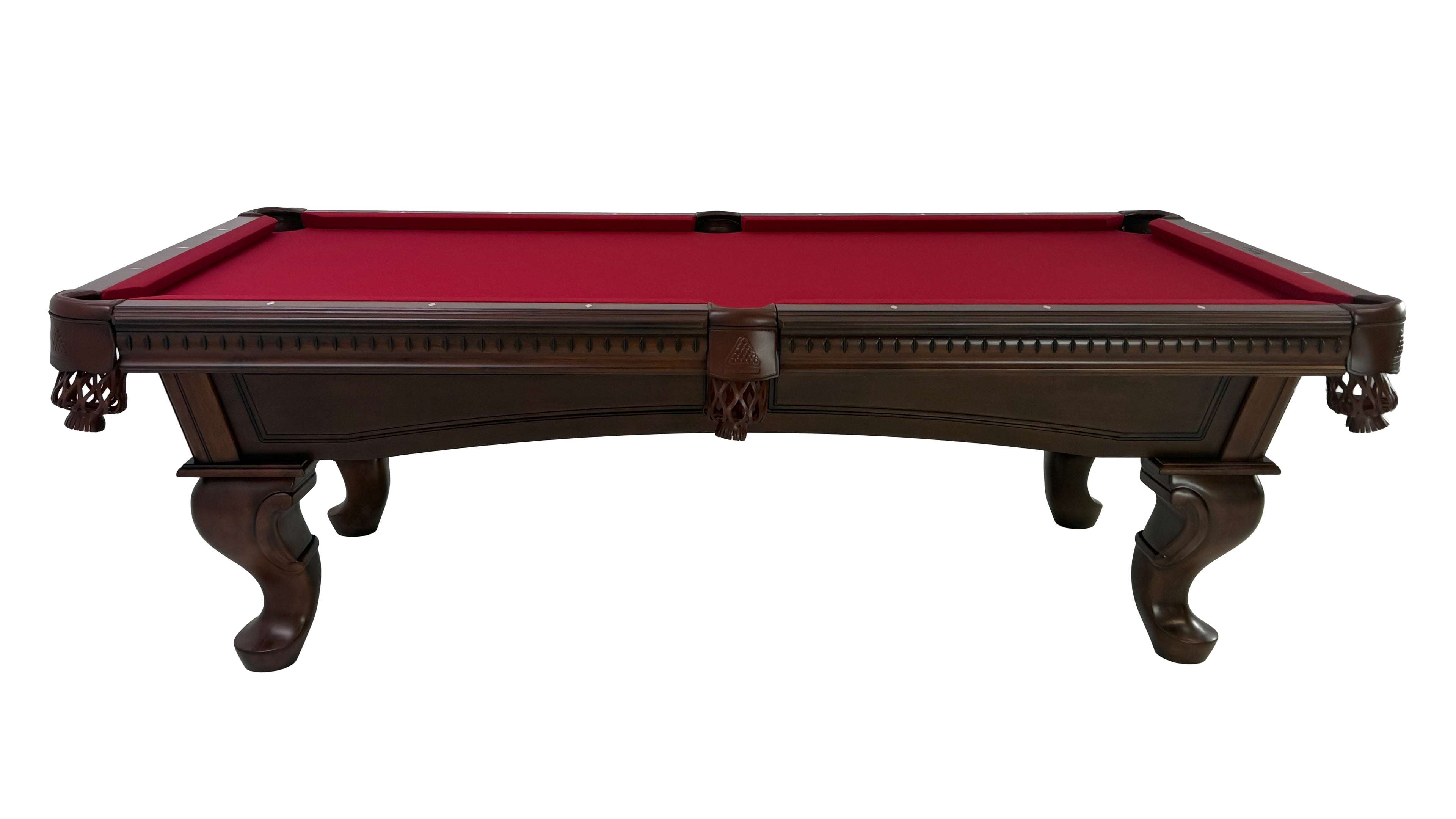 Legacy Billiards Sophie Pool Table in Nutmeg Finish with Burgundy Cloth - End View