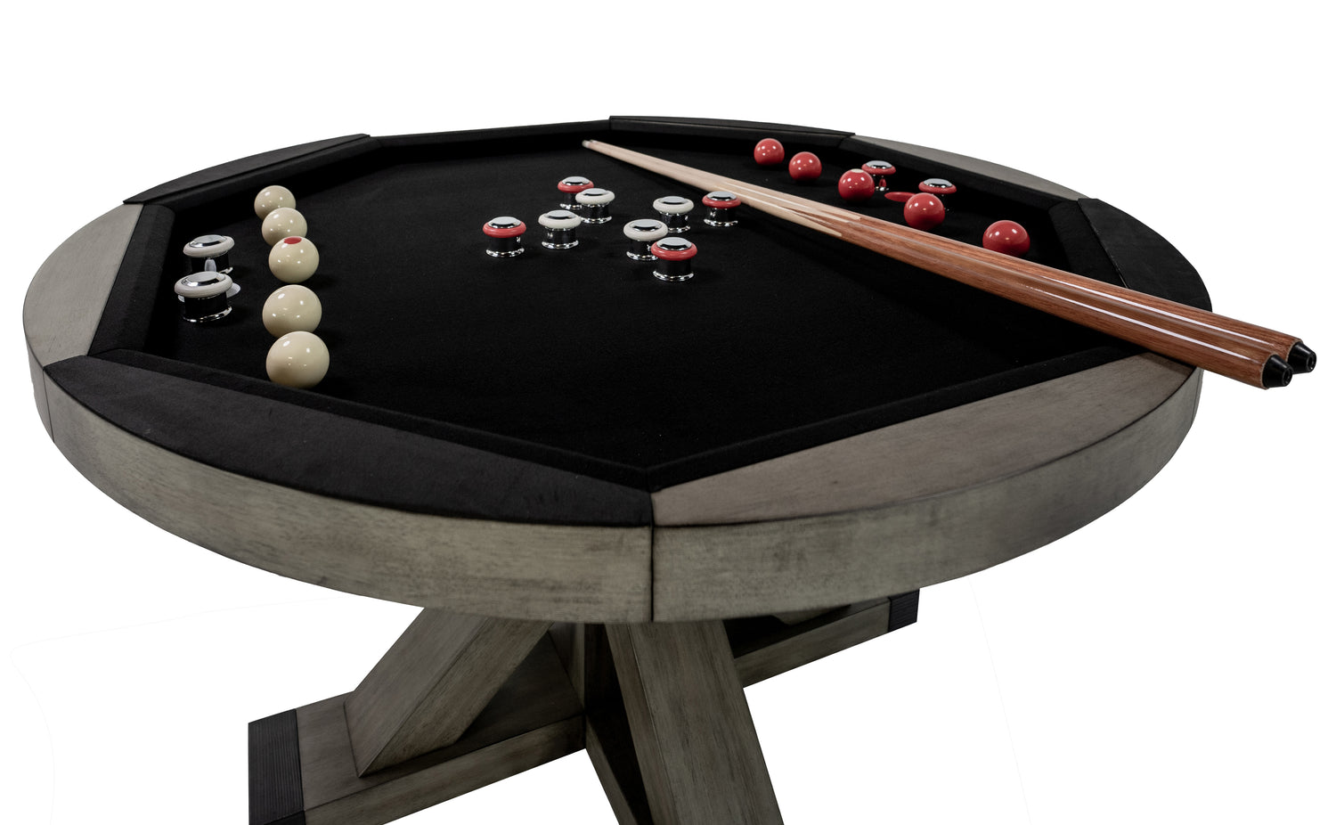 Legacy Billiards Sterling 3 in 1 Game Table with Poker, Dining and Bumper Pool in Overcast Finish - Bumper Pool Closeup with Cues