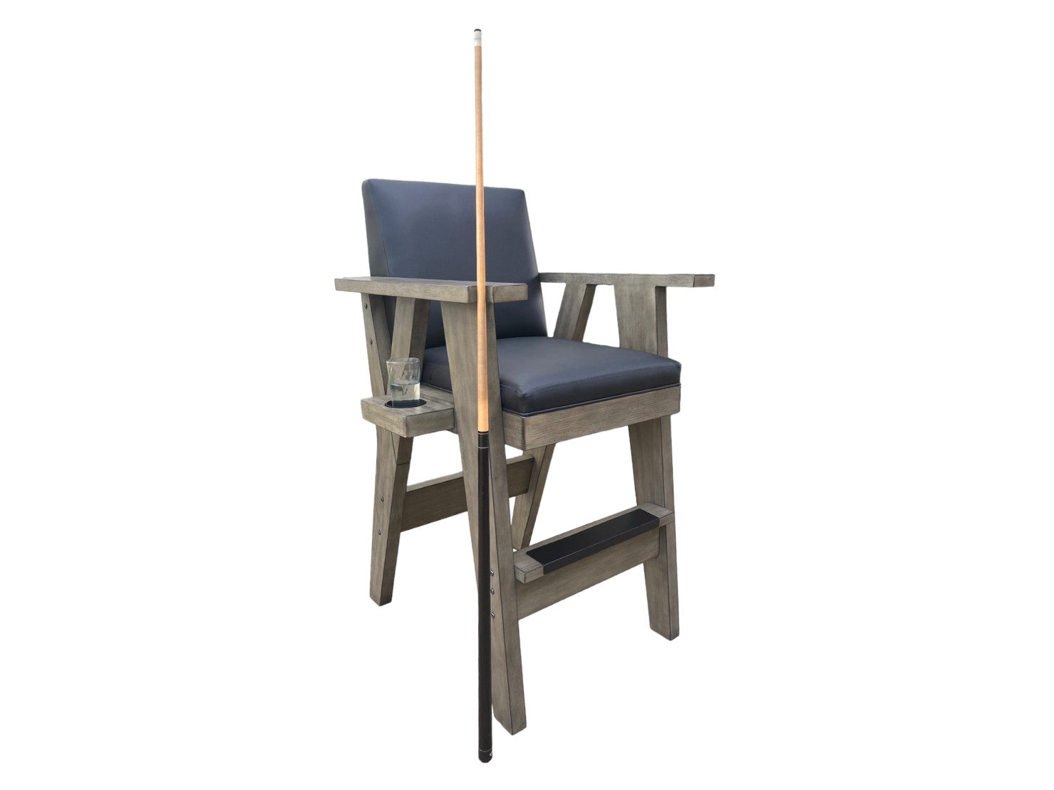Legacy Billiards Sterling Spectator Chair in Overcast Finish With Pool Cue and Drink