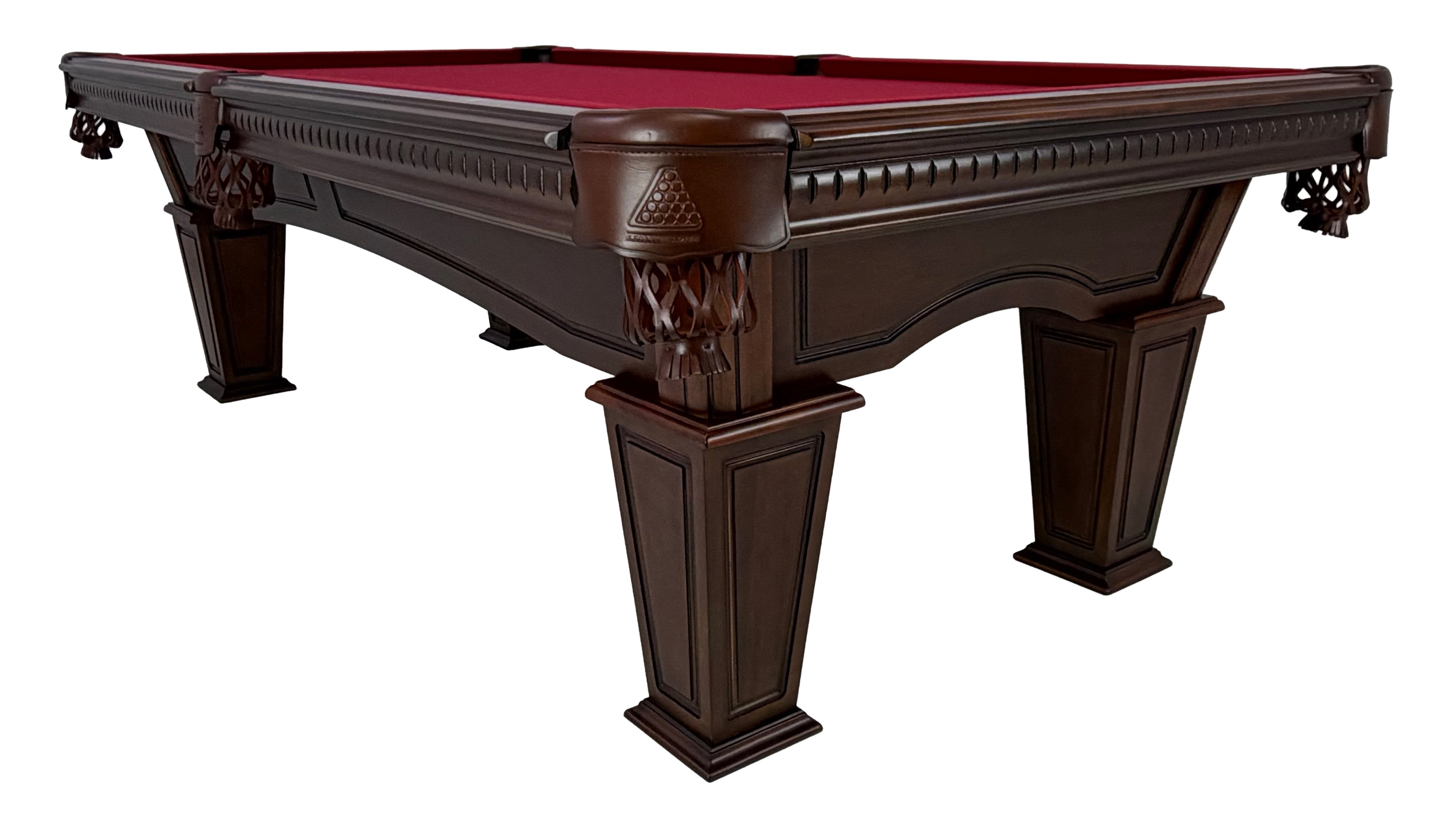Legacy Billiards Stevie Pool Table in Nutmeg Finish with Burgundy Cloth - Corner Closeup